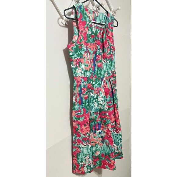 Talbots Petites 8P Watercolor Floral A-Line Tank Dress Green Pink Sleeveless - Picture 2 of 9